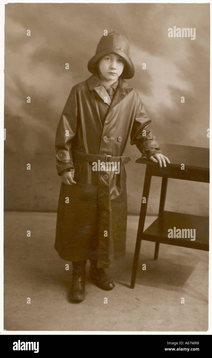 Boy In Rainwear 1930 Stock Photo