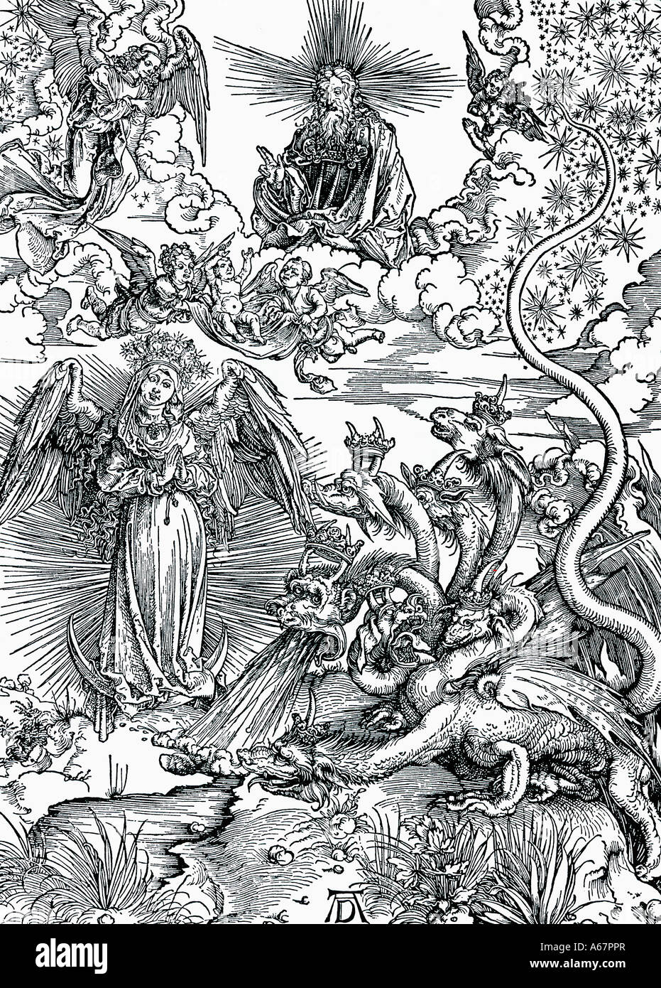Apocalyptic wife with the sevenheaded dragon from the apocalypse of St Johannes wood carving by Albrecht Duerer Duerer Stock Photo