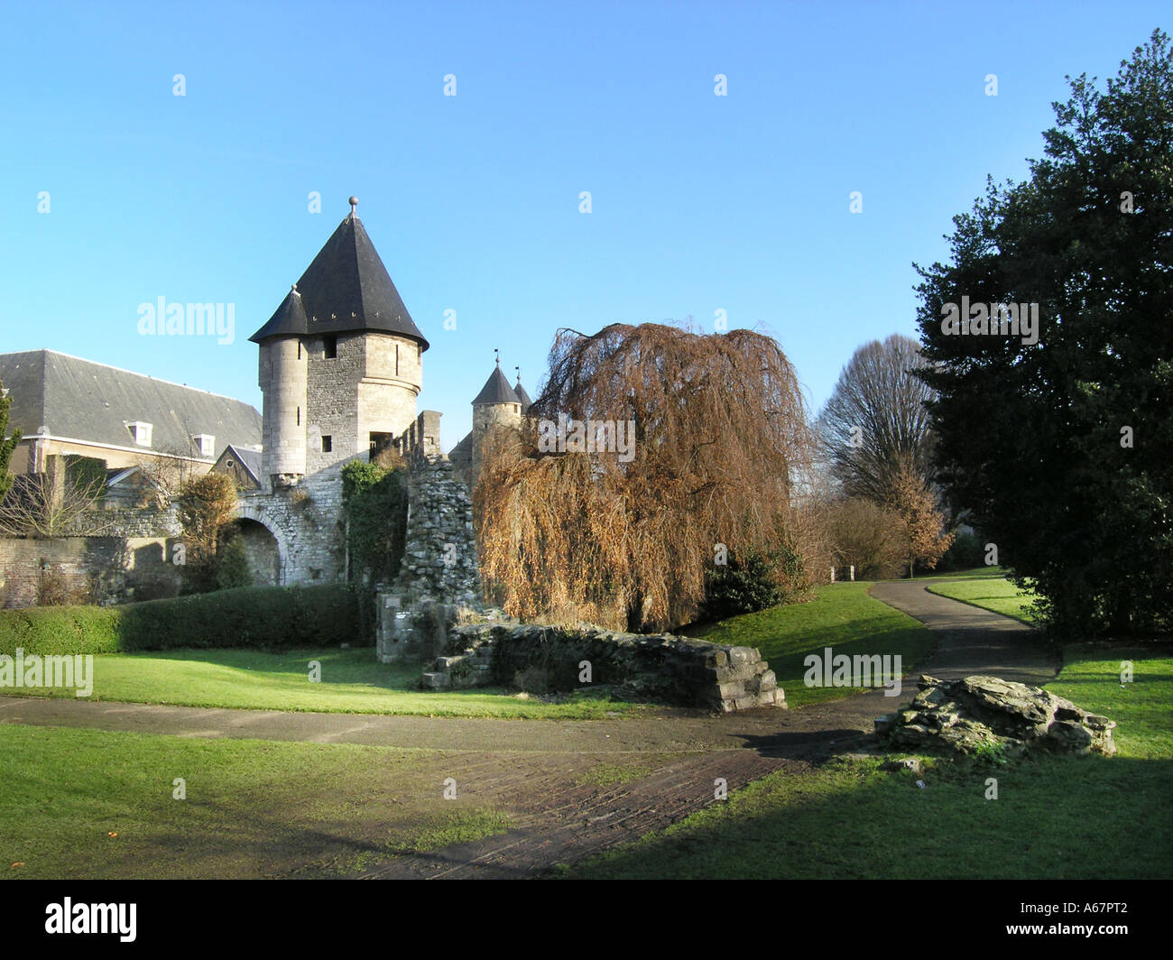 View of Monseigneur Nolens park with father Vinck Tower Maastricht Netherlands Stock Photo