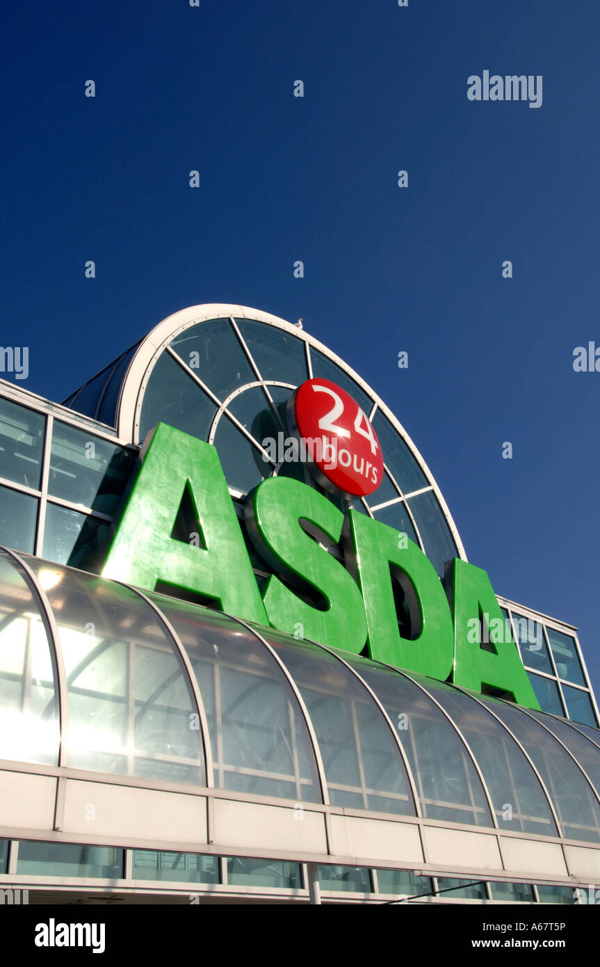 The entrance of a new 24 hour opening ASDA supermarket with glass roof Stock Photo
