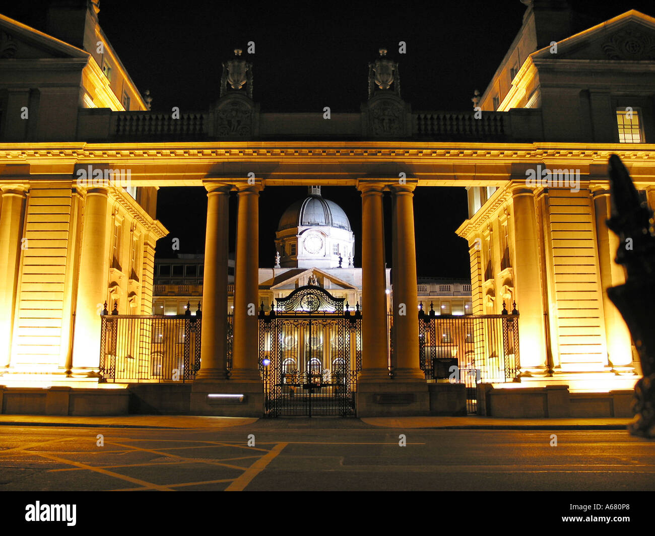 Government buildings with Leinster House at night seen from Upper Merrion Street Dublin Stock