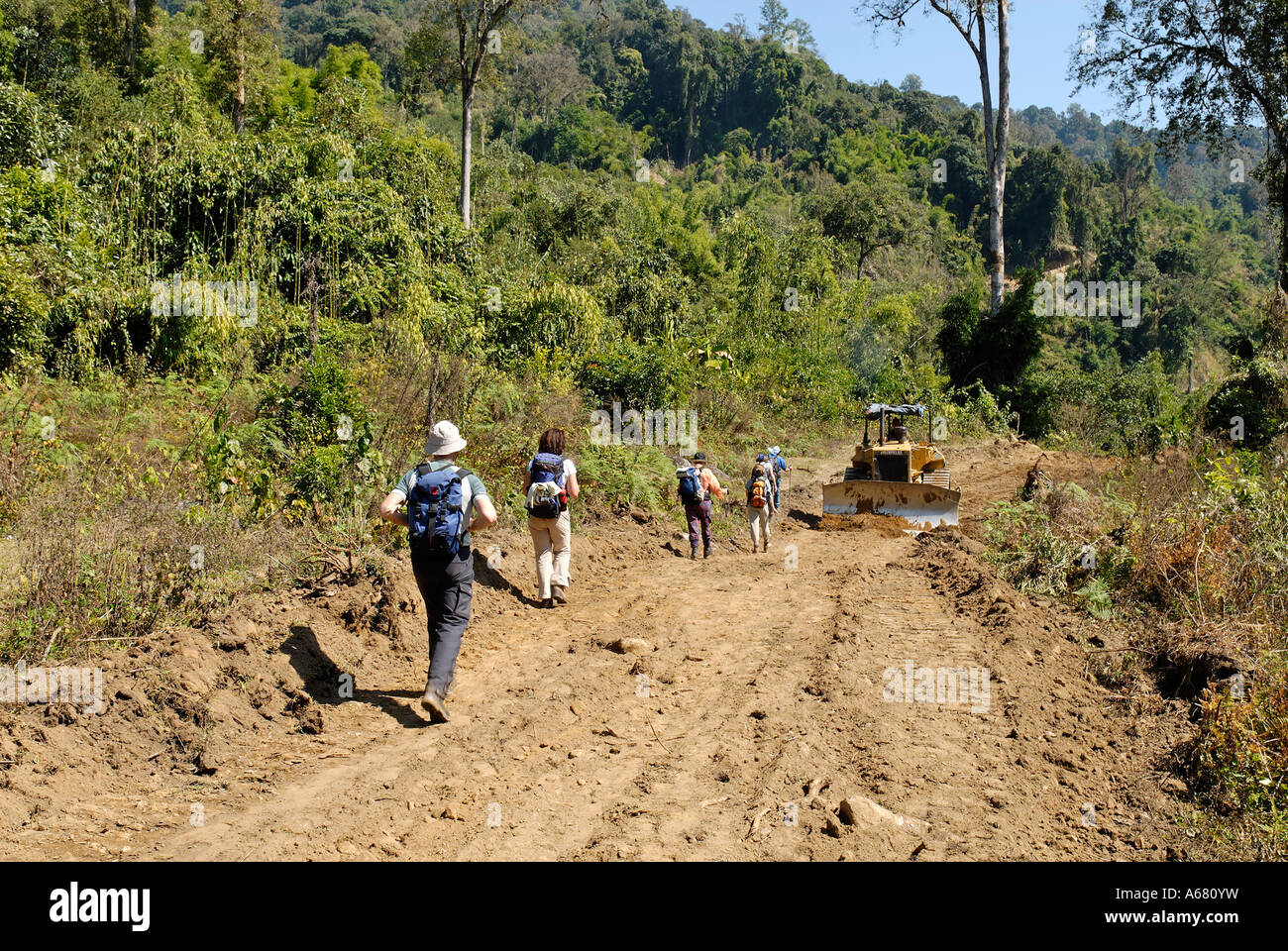 Bulldozing a new road in the rainforest, Kachin State, Myanmar Stock Photo