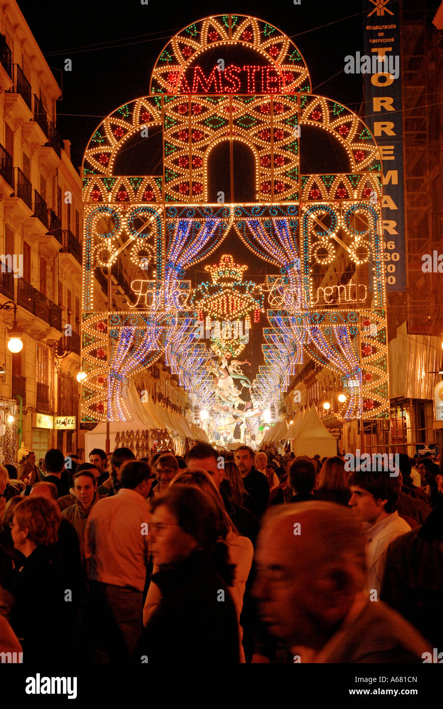 Falla Literato Azorin lightning decorations during Las Falles