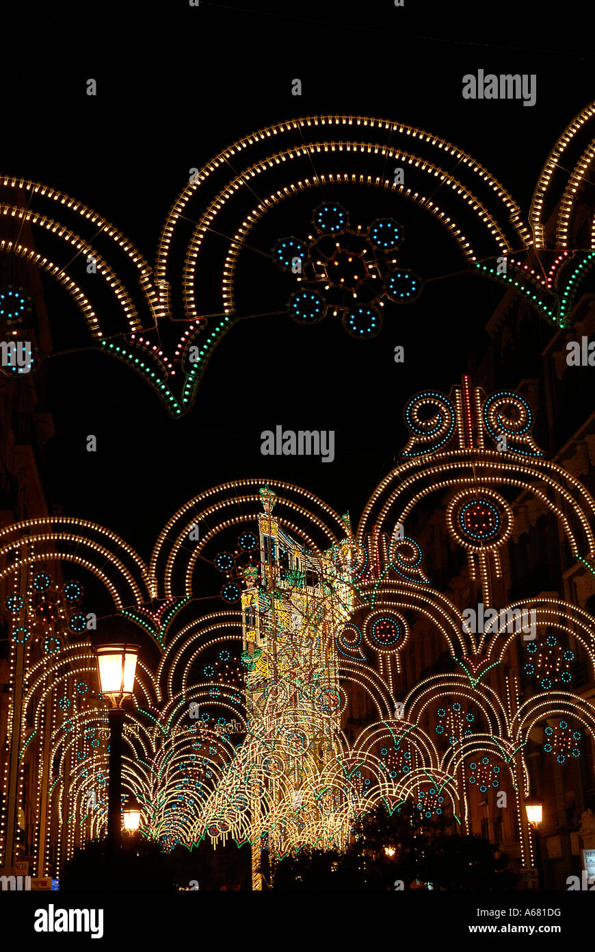 Calle Literato Azorin street decorated with lights during the Las