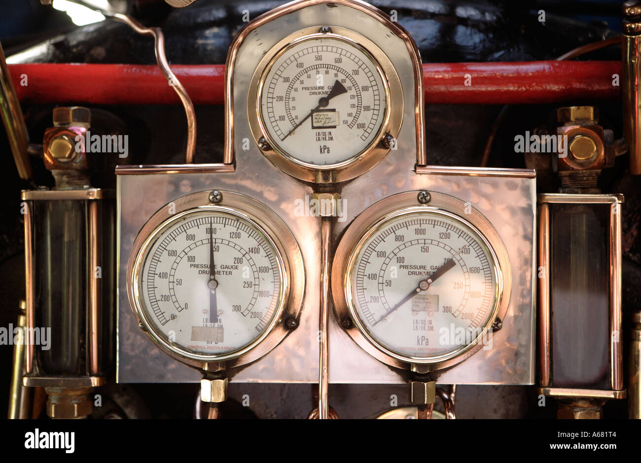 Brass dials and gauges of engine of Outeniqua Choo-tjoe train Garden Route South Africa Stock Photo