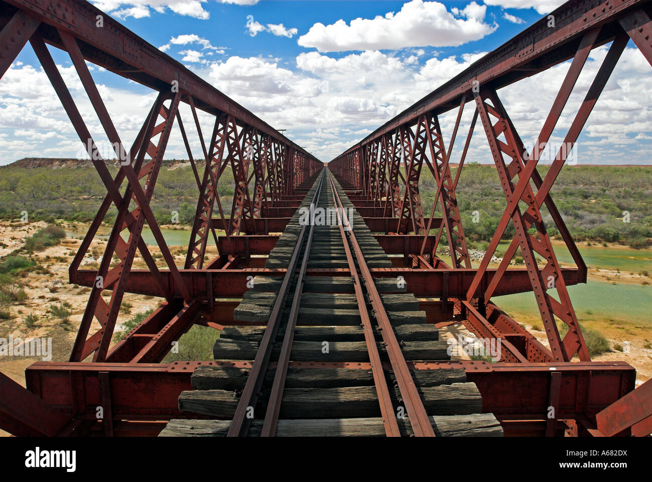 Old railway bridge of the Ghan passenger train, between Adelaide, Alice Springs and Darwin, South Australia, Australia Stock Photo