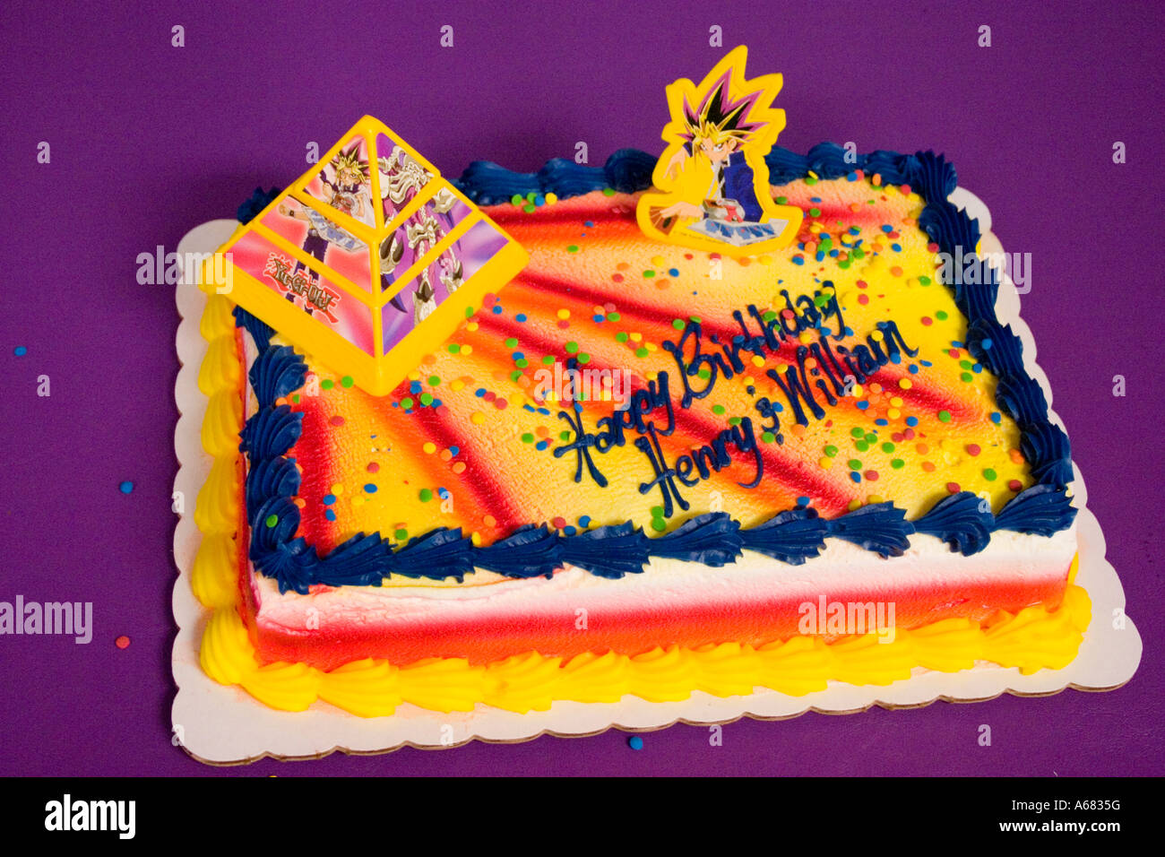 Yami Yugi on a Yu-Gi-Oh theme birthday cake for Henry and William.  Burnsville Minnesota USA Stock Photo