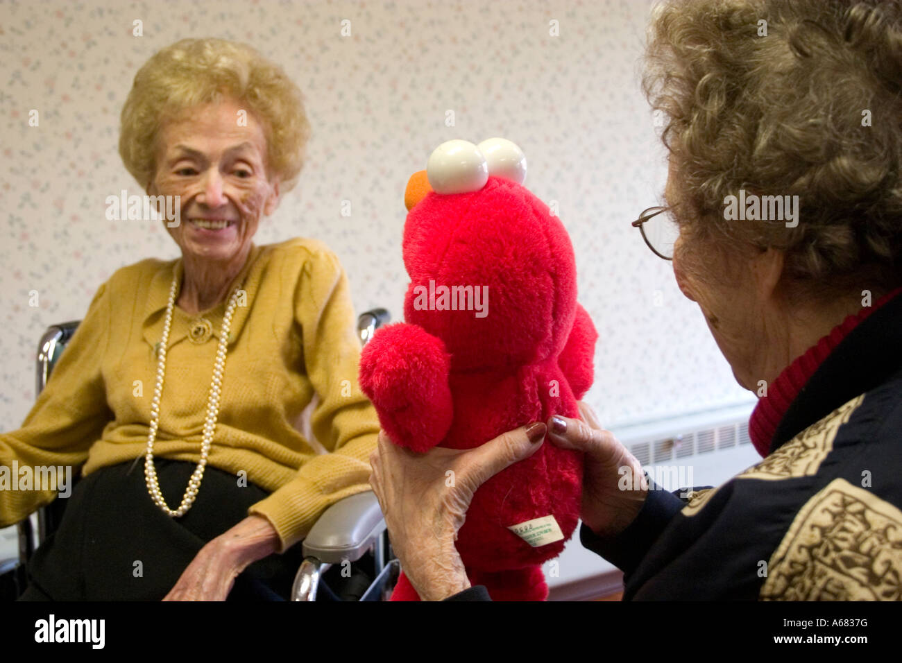 Sisters enjoying Tickle Me Elmo childrens toy age 94 and 92. Minnesota  Masonic Nursing Home Burnsville Minnesota USA Stock Photo - Alamy