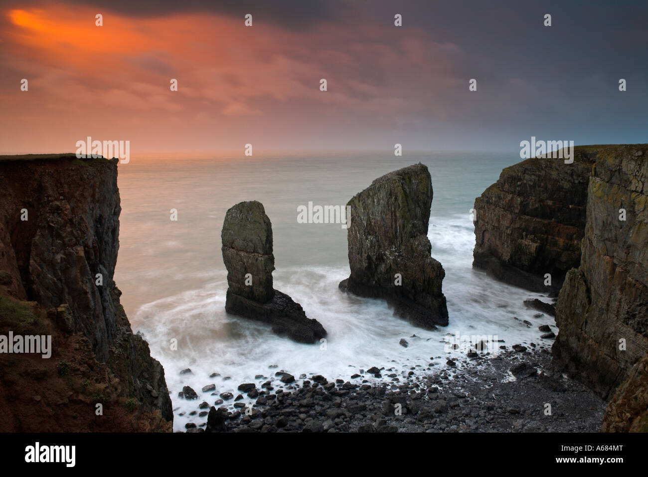 Massive rock stacks guarding the entrance to a secluded Pembrokeshire cove, Elegug, Wales Stock Photo