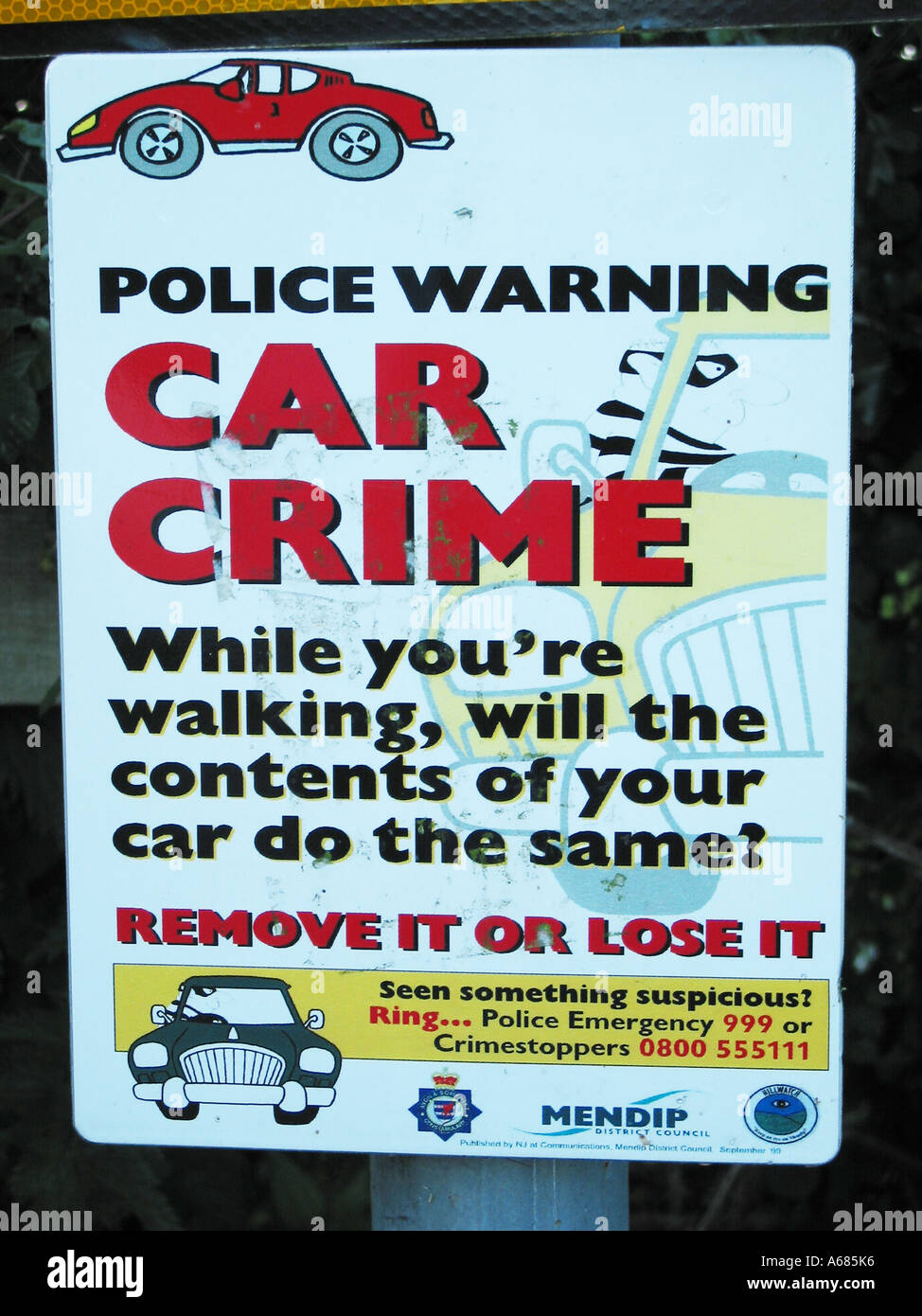 Police warning notice for car crime near Glastonbury Tor Somerset England United Kingdom Stock Photo