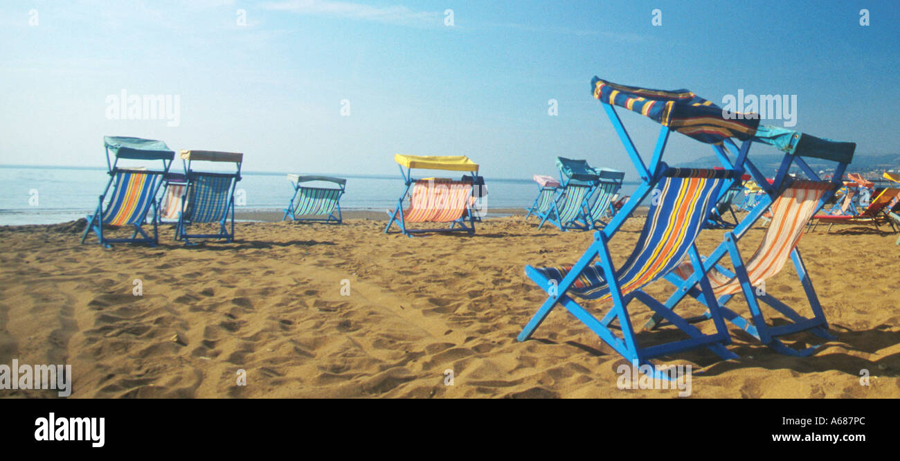 Panorama with empty beach chairs on deserted beach near Sandown isle of Wight England Stock Photo
