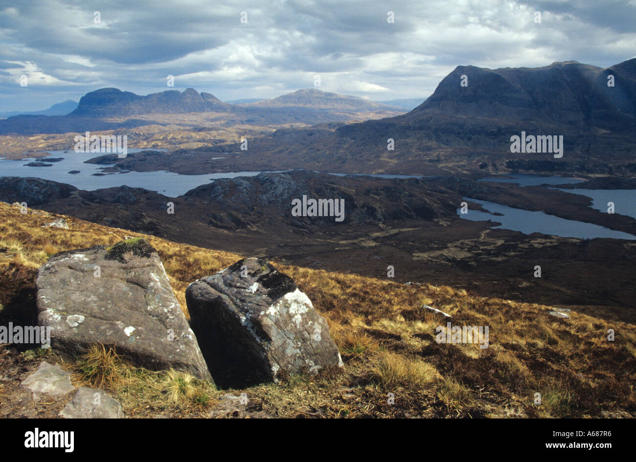 Assynt Coigach North West Scottish Highlands from the top of Stac Pollaidh Mountain Stock Photo