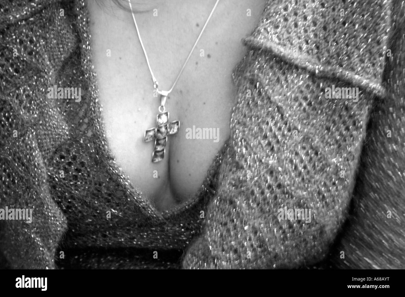 Silver Necklace Cross Hanging Womans Cleavage Stock Photo 9112111