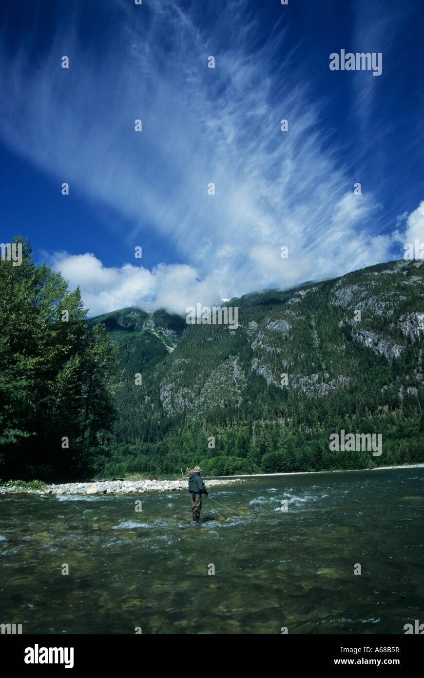 Flyfishing for steelhead Dean river British Columbia Stock Photo