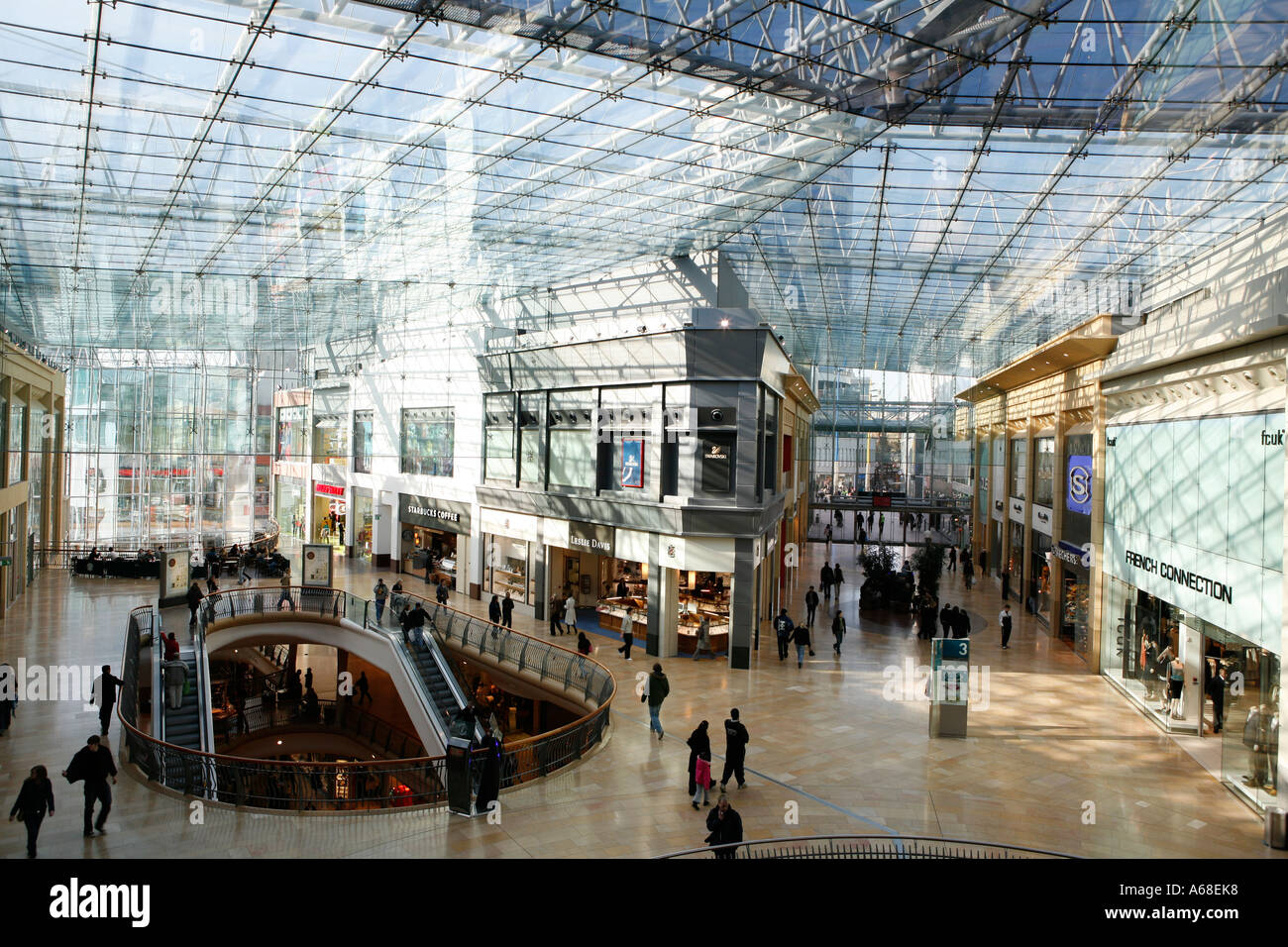 The Bullring Shopping Centre internal Showing glass roof escalators and ...