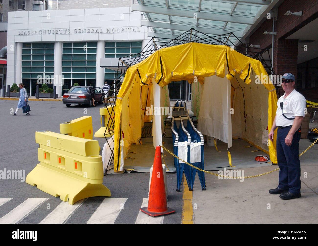 A chemical decontamination tent outside Massachusetts General Hospital Stock Photo