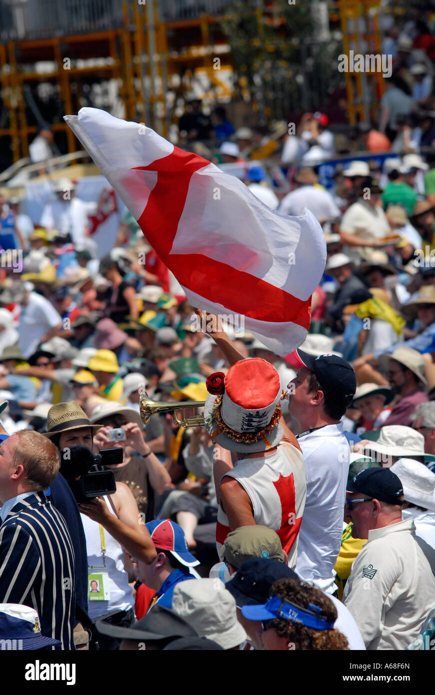 Barmy Army bugler in crowd at Ashes 