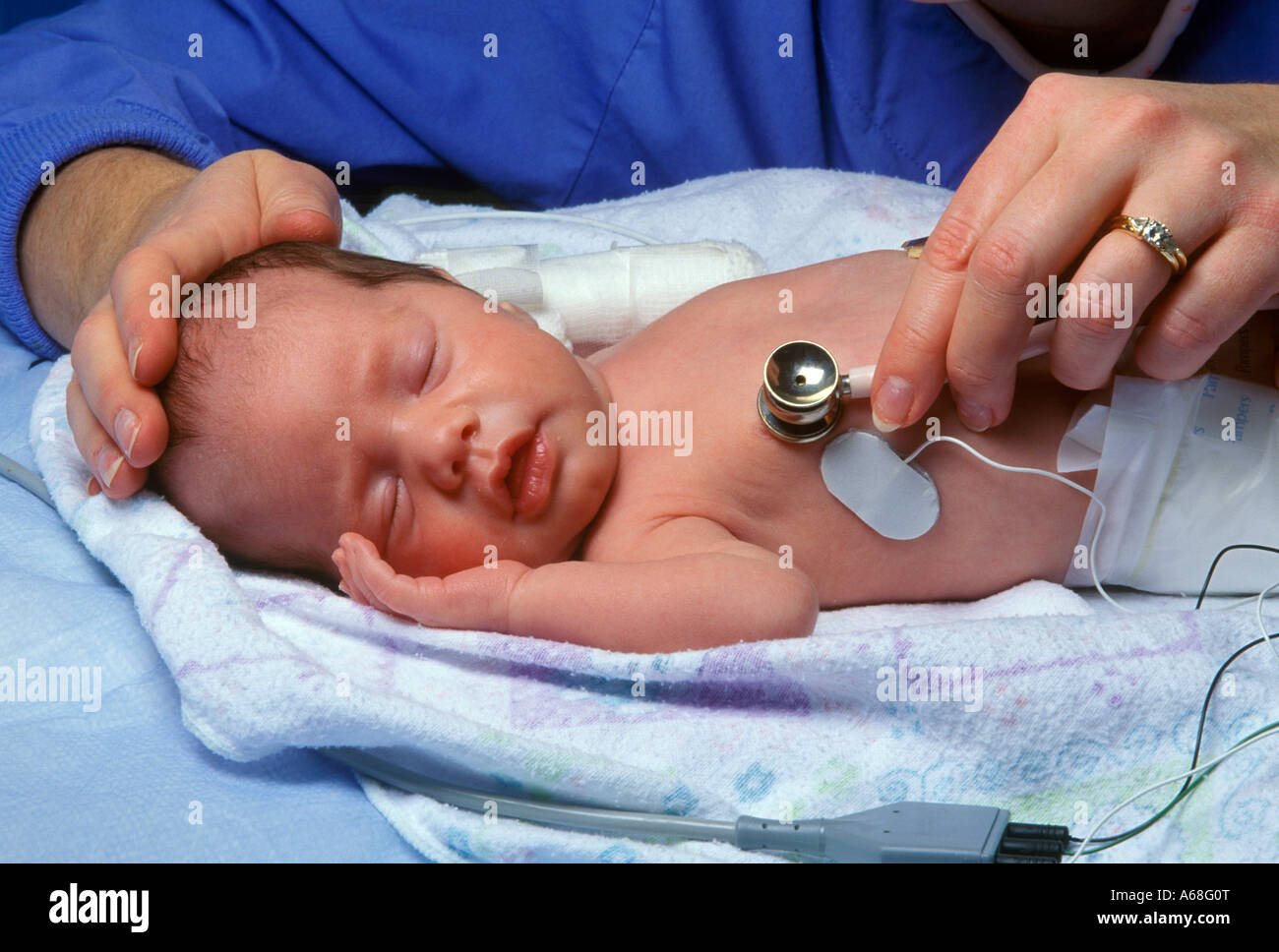 Nurse attends premature infant in neonatal intensive care unit NICU Stock Photo