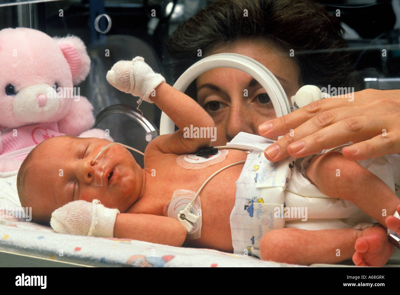 Nurse attends premature infant in an incubator in neonatal intensive care unit NICU Stock Photo