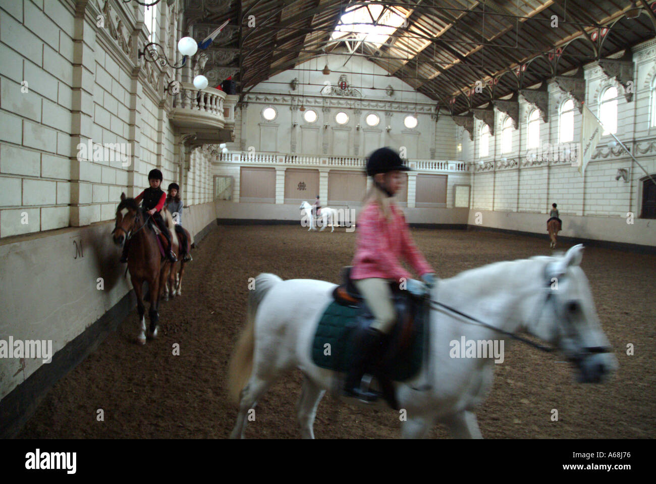 young girl at horse riding school manege stable Stock Photo