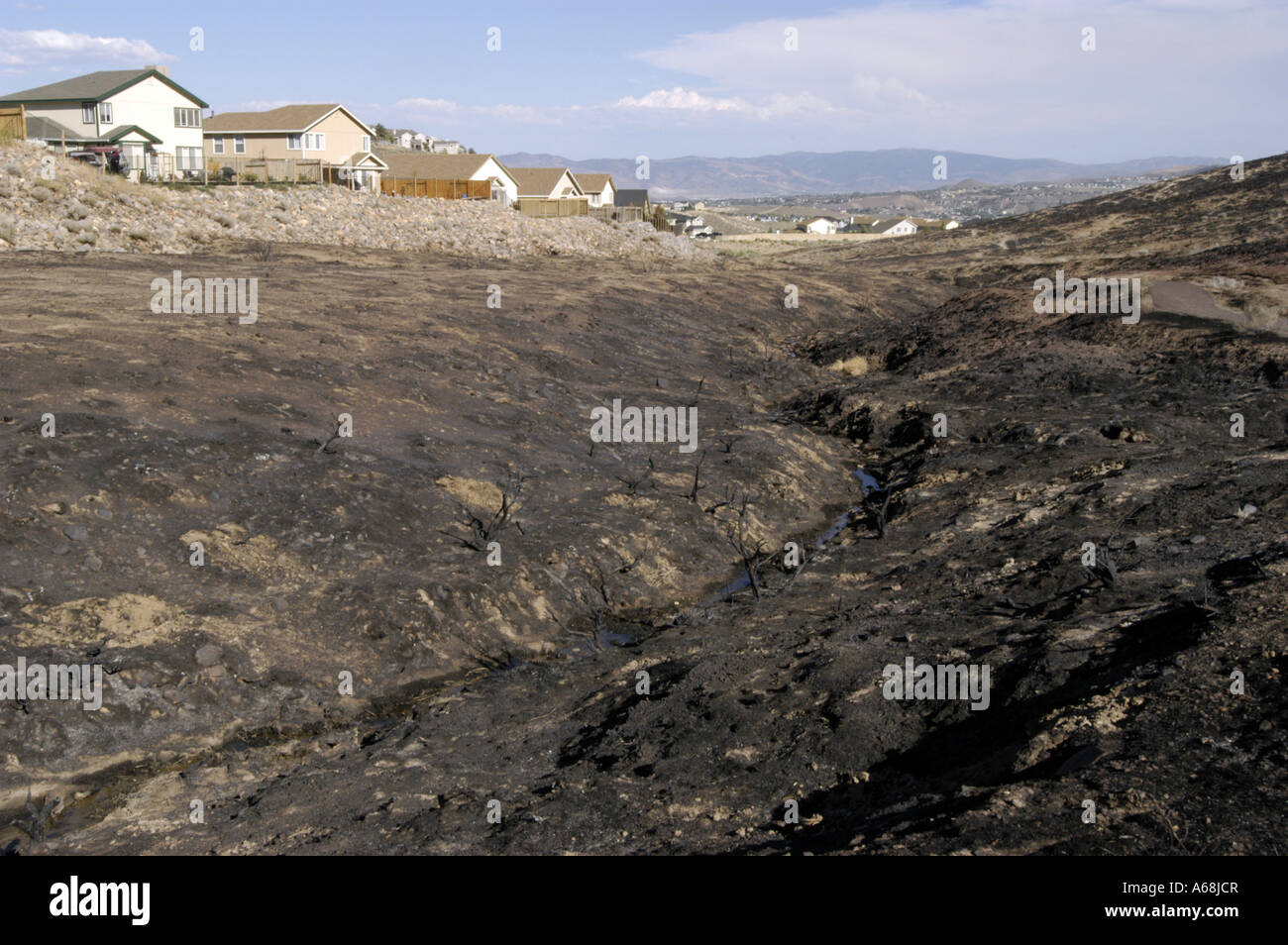 Wildfire burn area near Reno NV Stock Photo
