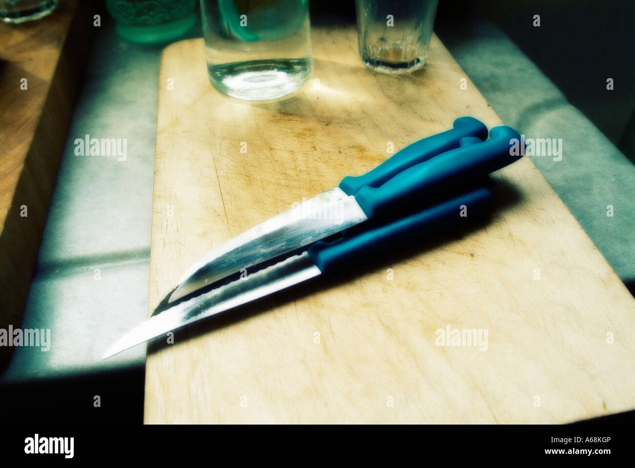 Knives on a table at kitchen Stock Photo