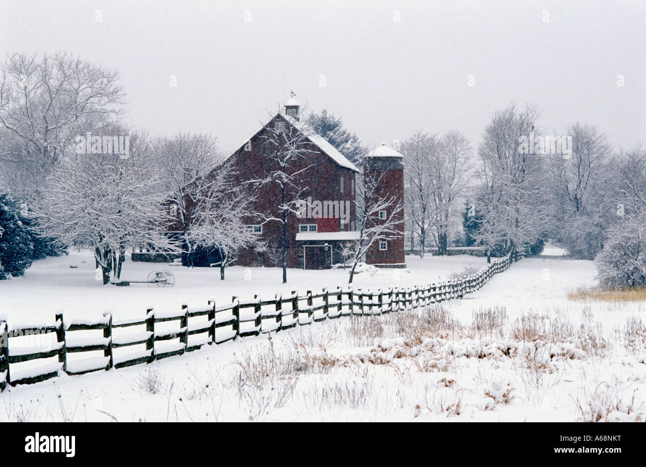 Barn and snow covered field in winter Stock Photo - Alamy