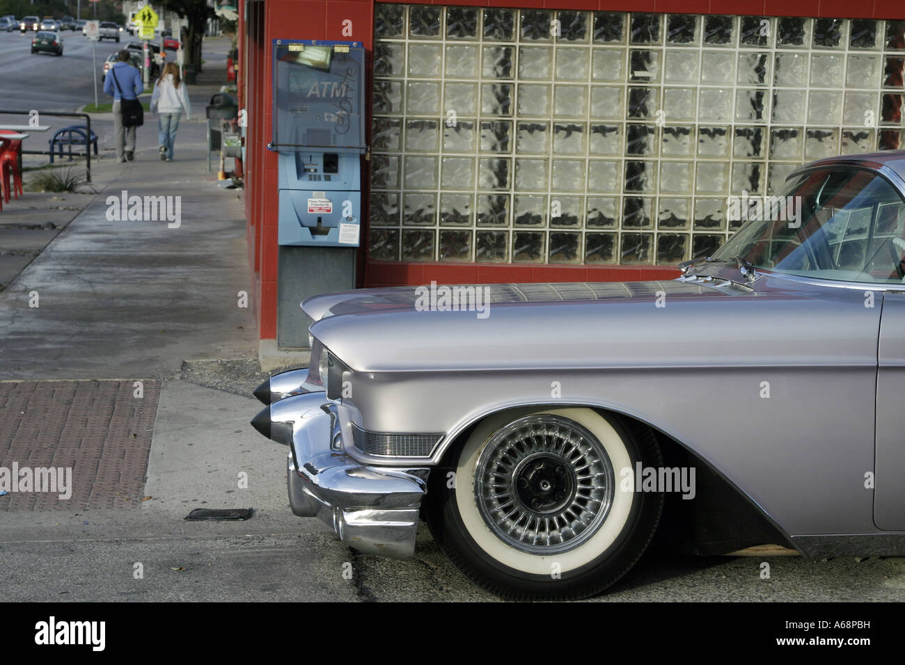 A classic car sits on a corner of South Congress district of Austin