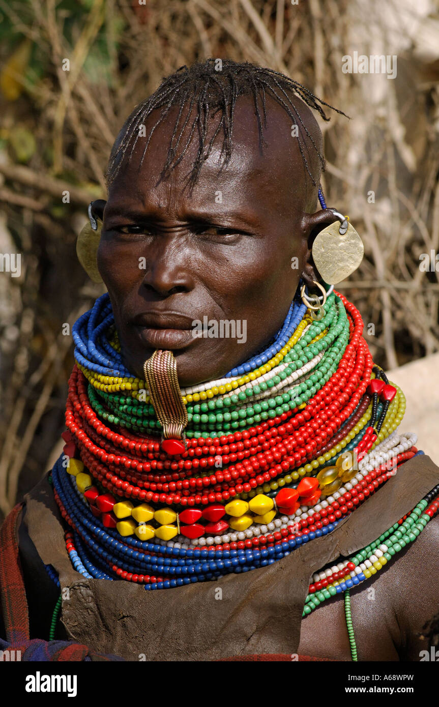A Turkana woman fled the civil war in Sudan and lives now in a refugee camp in Lokichoggio, Kenya. Stock Photo