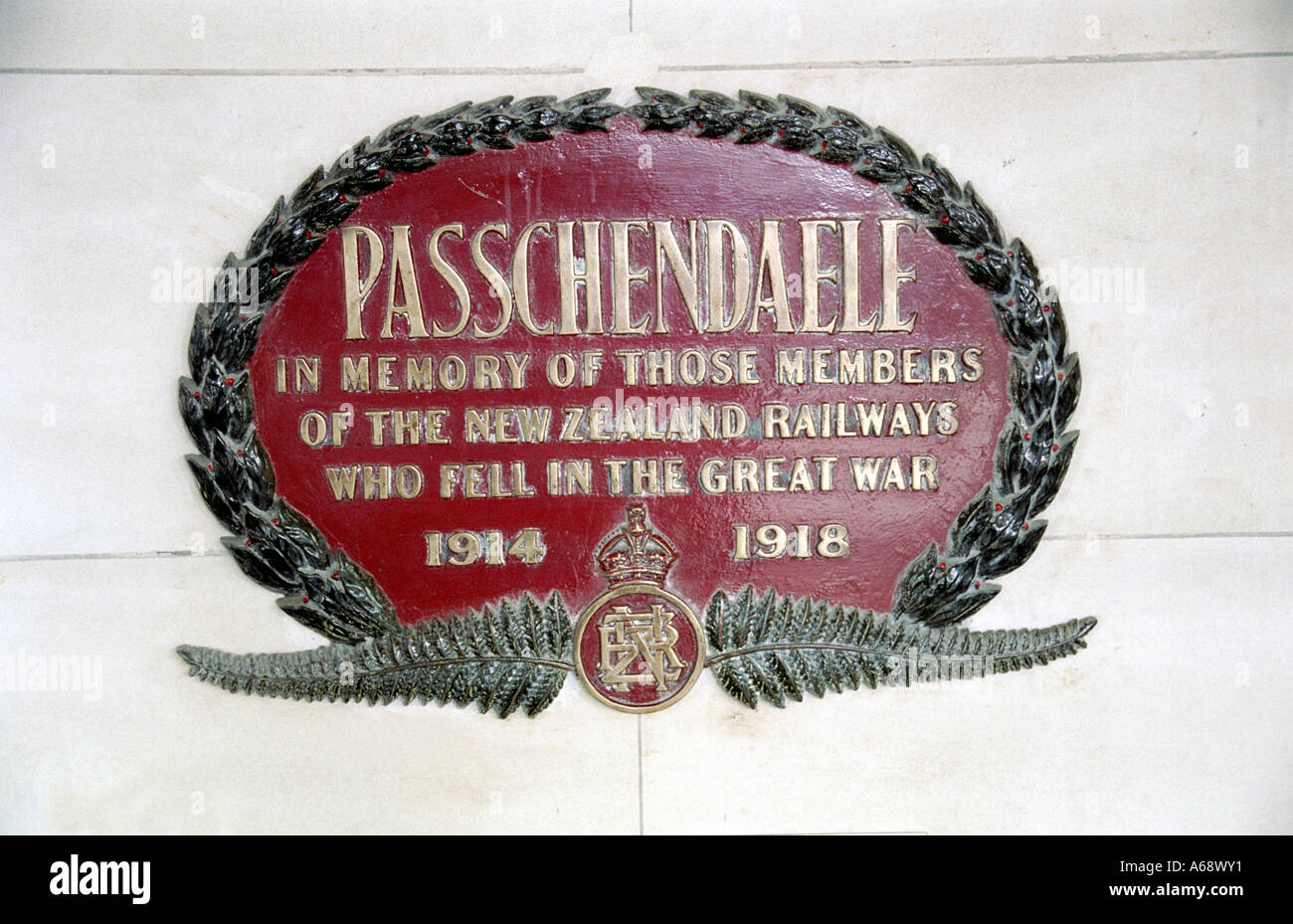 Passchendaele commemorative plaque at Dunedin railway station Stock