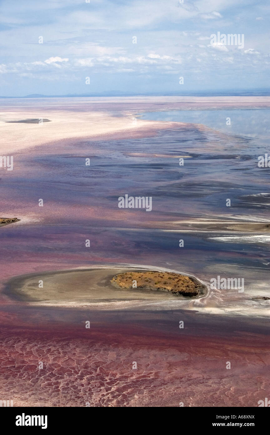 Aerial view of Lake Natron, Tanzania. The red pigment in the