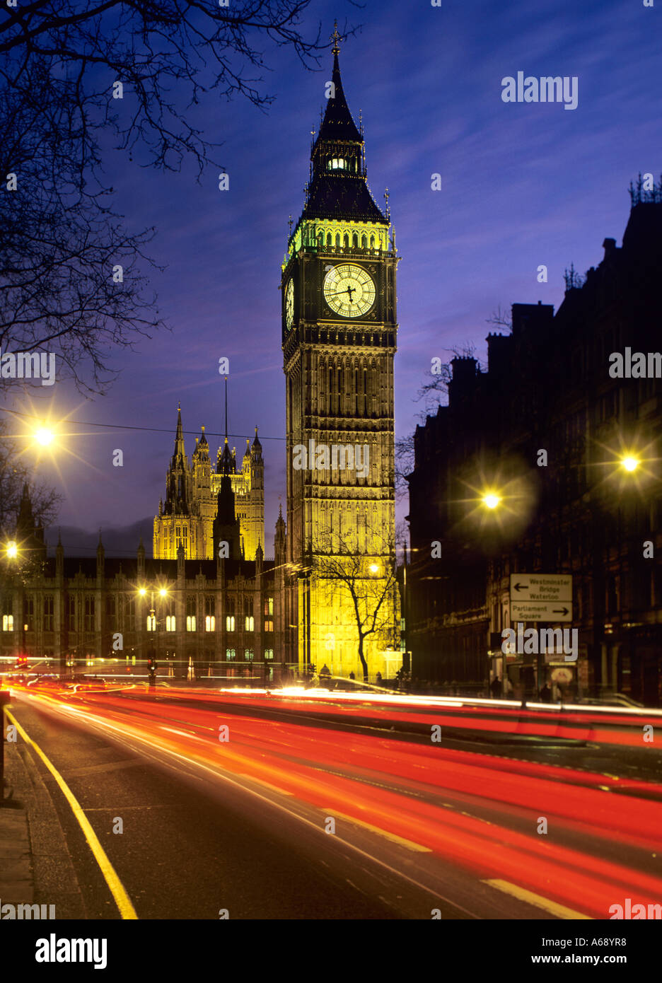 Big Ben and Traffic, at night,London, England. Stock Photo