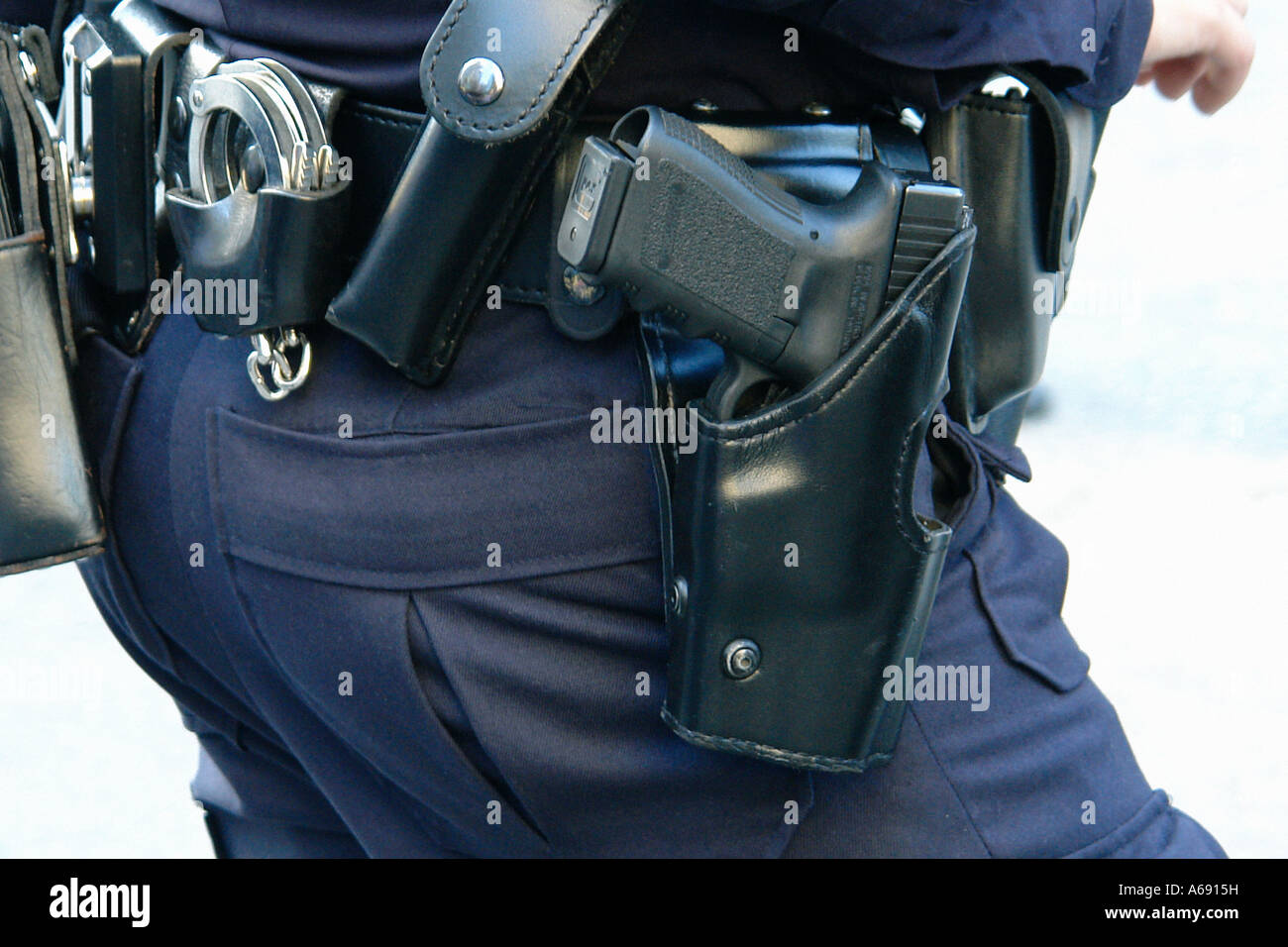 Closeup of New York City Police Officer's Holster Gun Handcuffs Stock