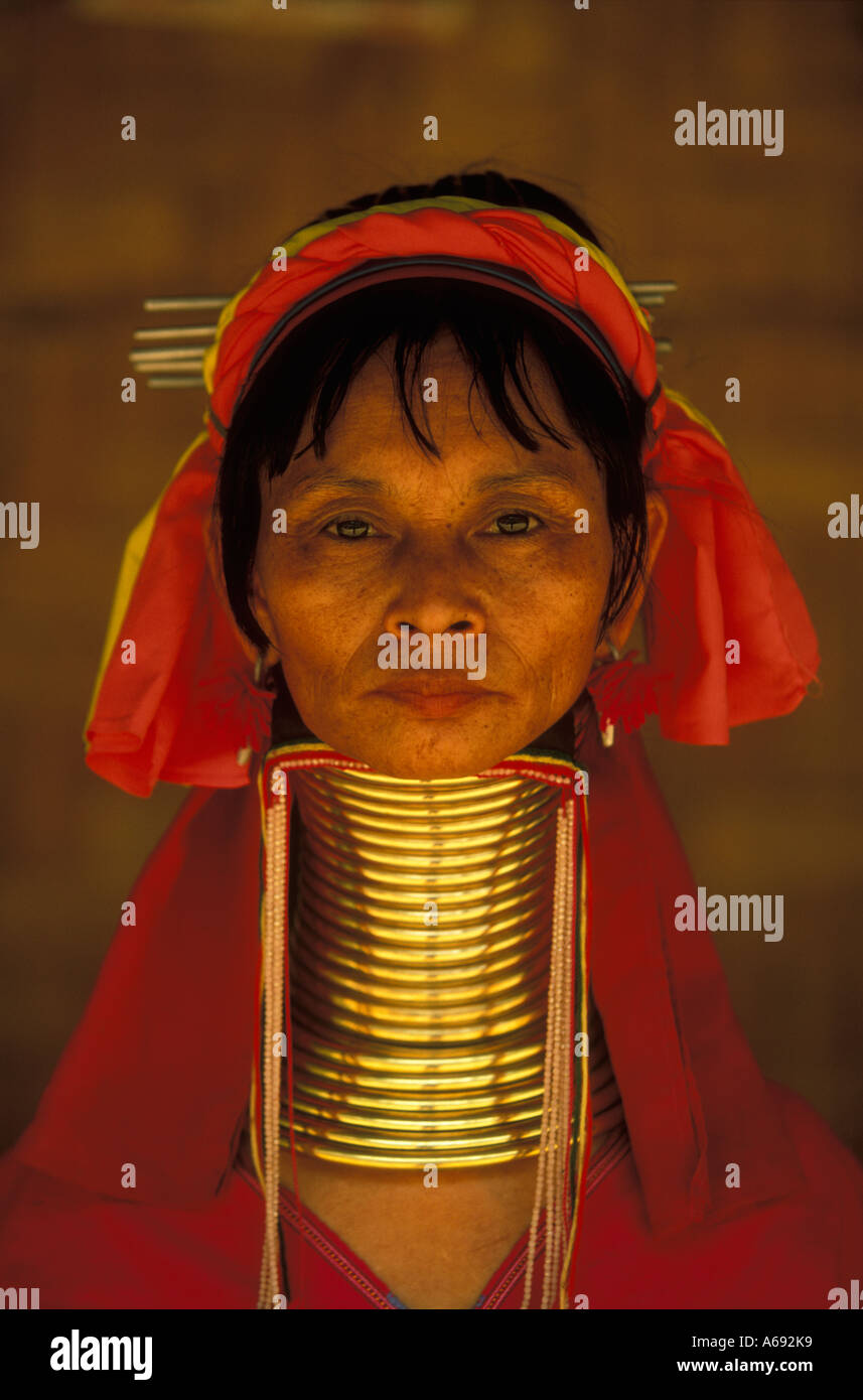 A Padaung woman wearing traditional brass neck rings in Nai Soi a