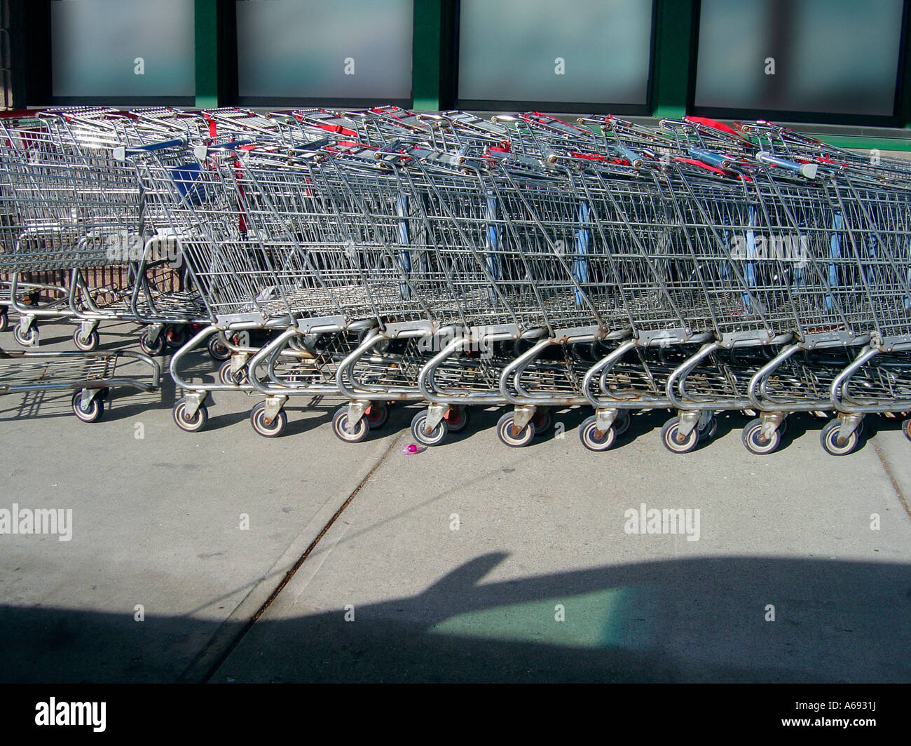 Many Shopping Carts Lined Up Outside of a Grocery Store Copy Space Stock Photo