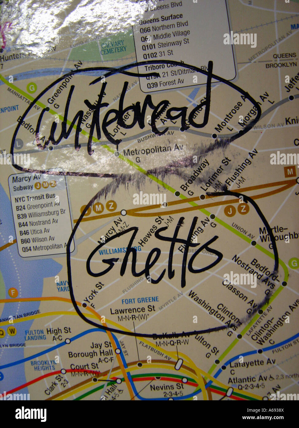 New York City Subway Map with Whitebread Ghetto Graffiti Stock Photo