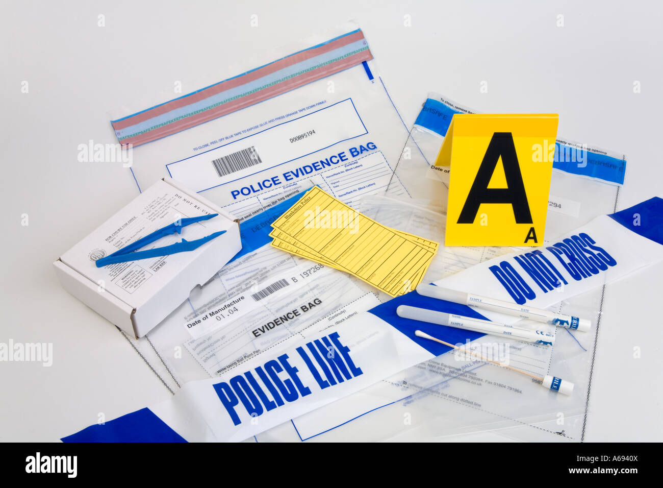 Collection of police evidence accessories Stock Photo