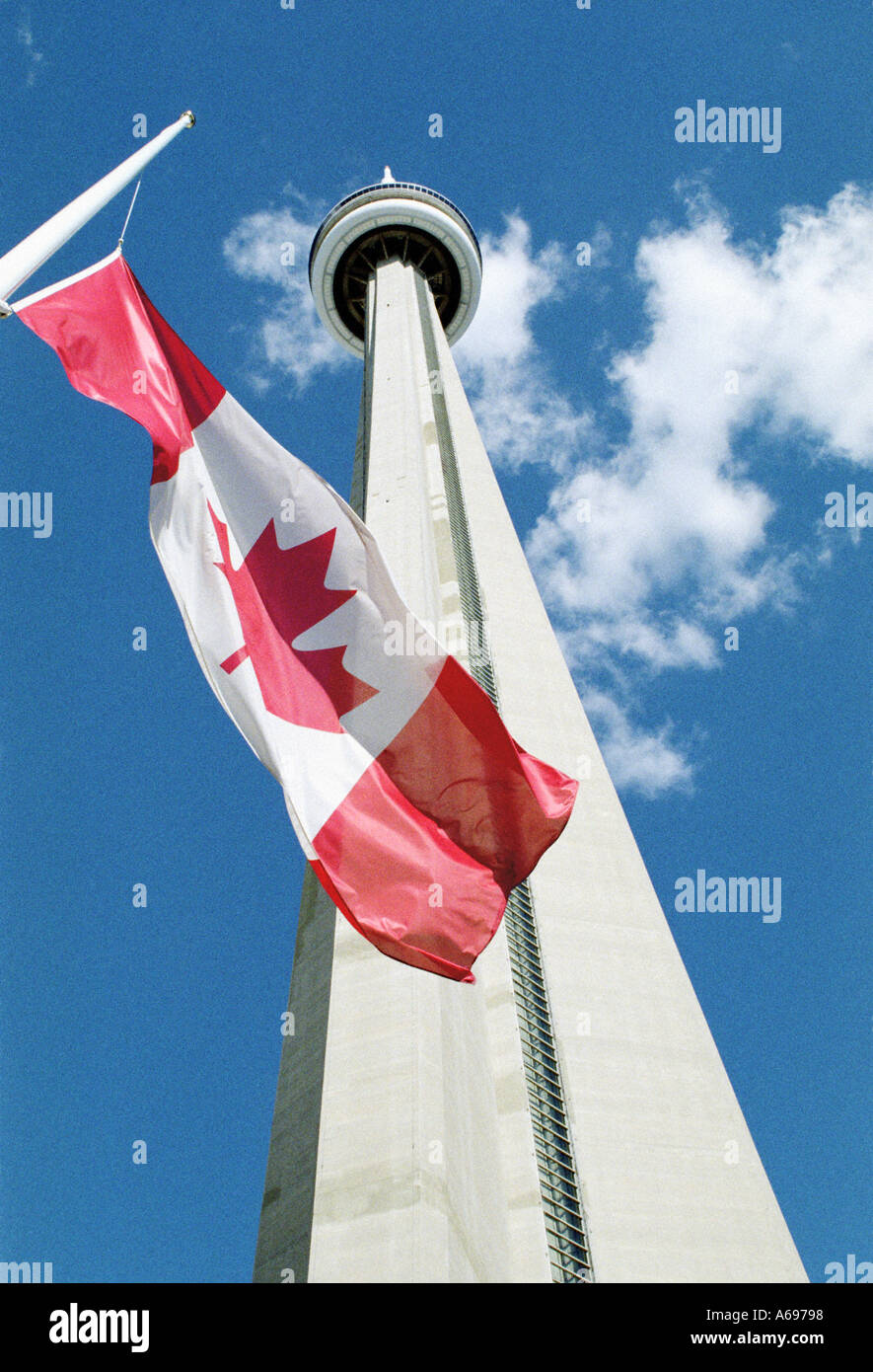 Canadian flag underneath th CN Tower Toronto Stock Photo