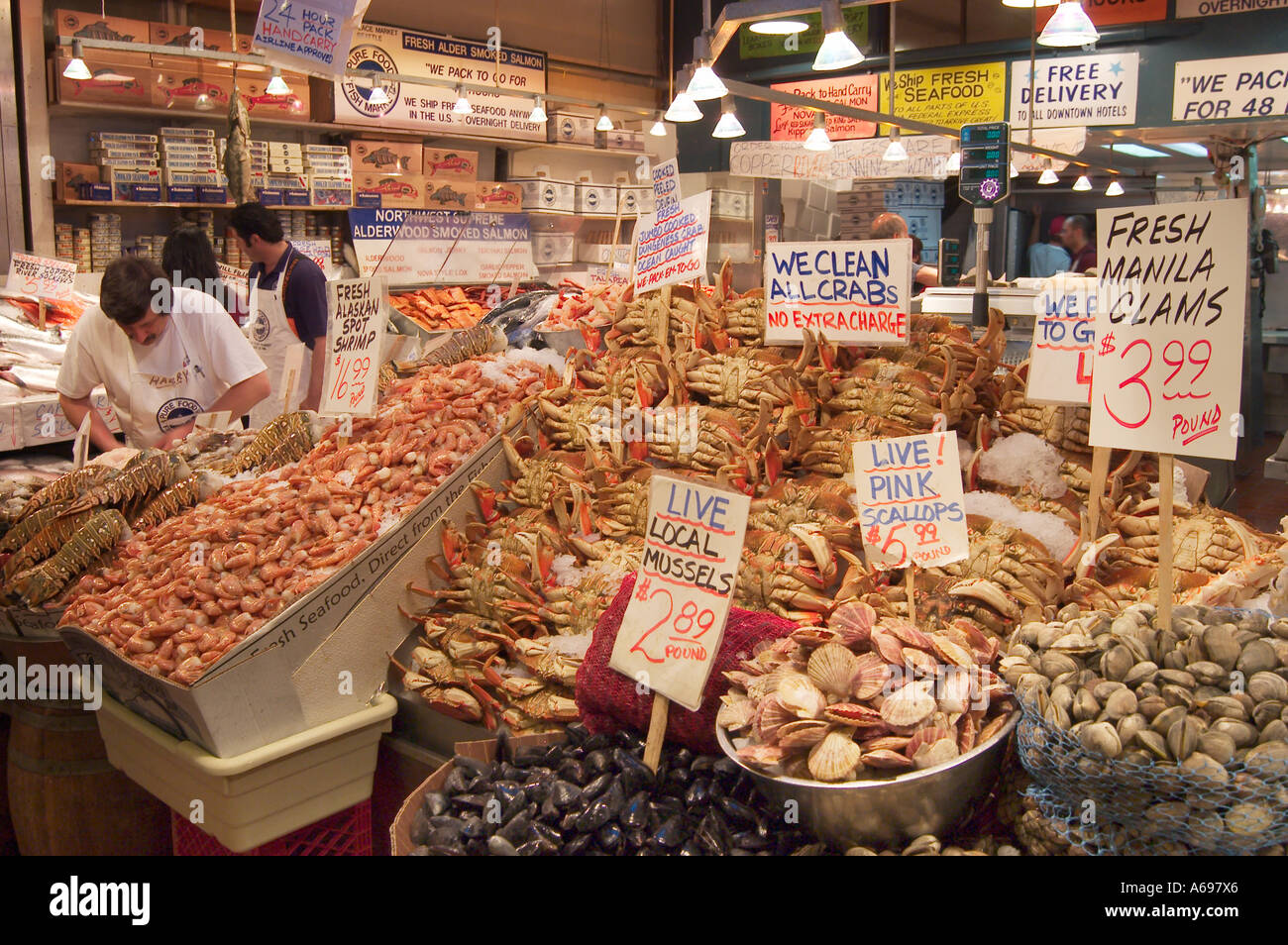 Fresh seafood for sale at Pure Food Fish Market Pike Place Public