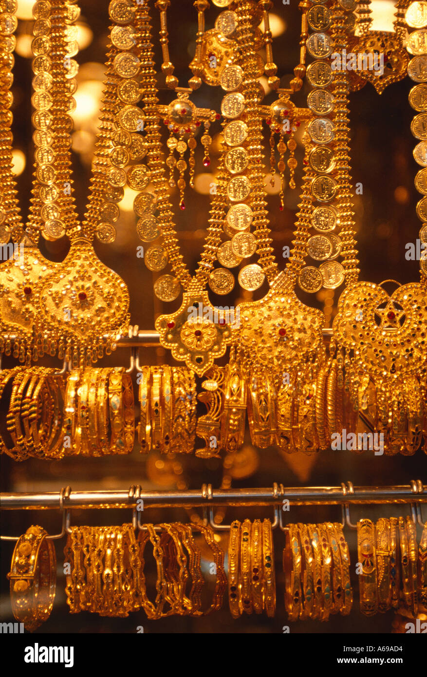 Jewellers window display Gold Souk Dubai United Arab Emirates Stock ...