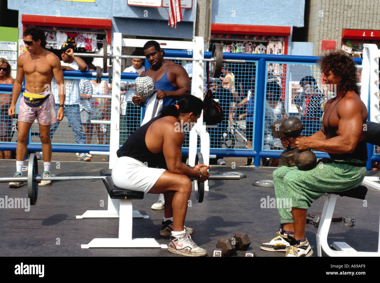 Bodybuilders working out at Muscle Beach Los Angeles California USA