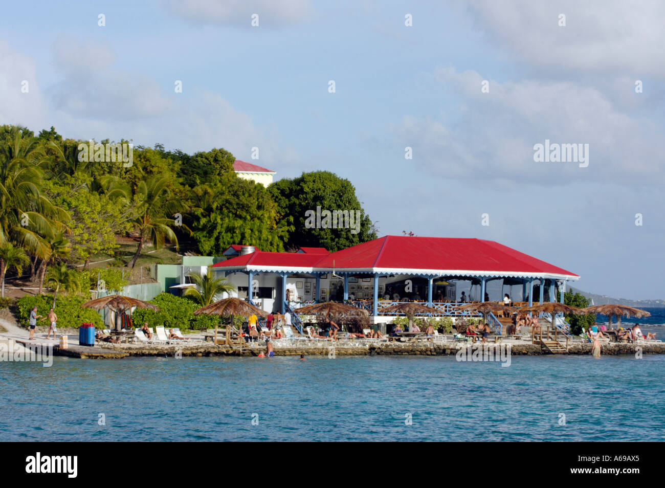 British Virgin Islands Caribbean People enjoying a sunny day at the beach of Marina Caye near Pussers Bar Stock Photo