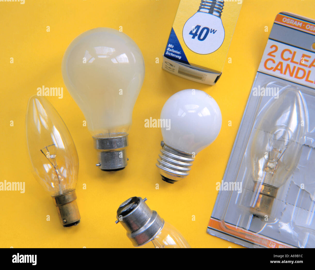 Various tungsten filament electric light bulbs with different fittings and electrical contacts