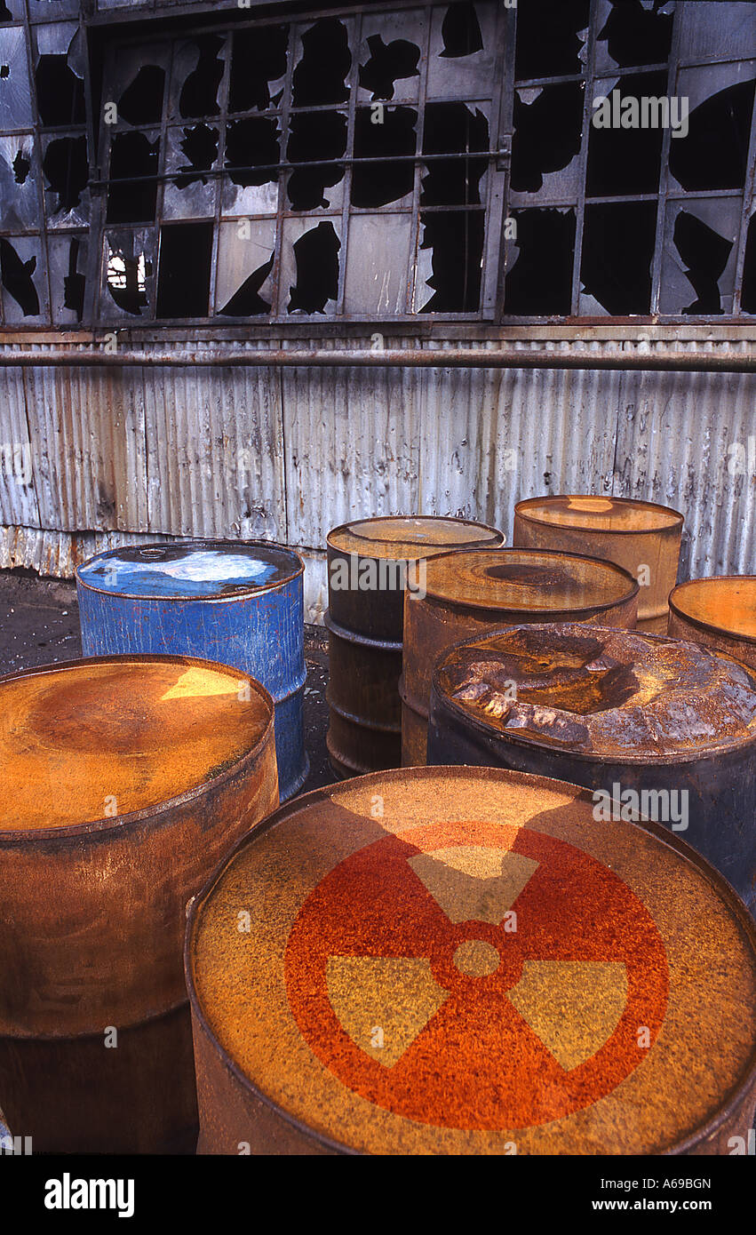 Old storage drums with radioactive symbol on top Stock Photo Alamy