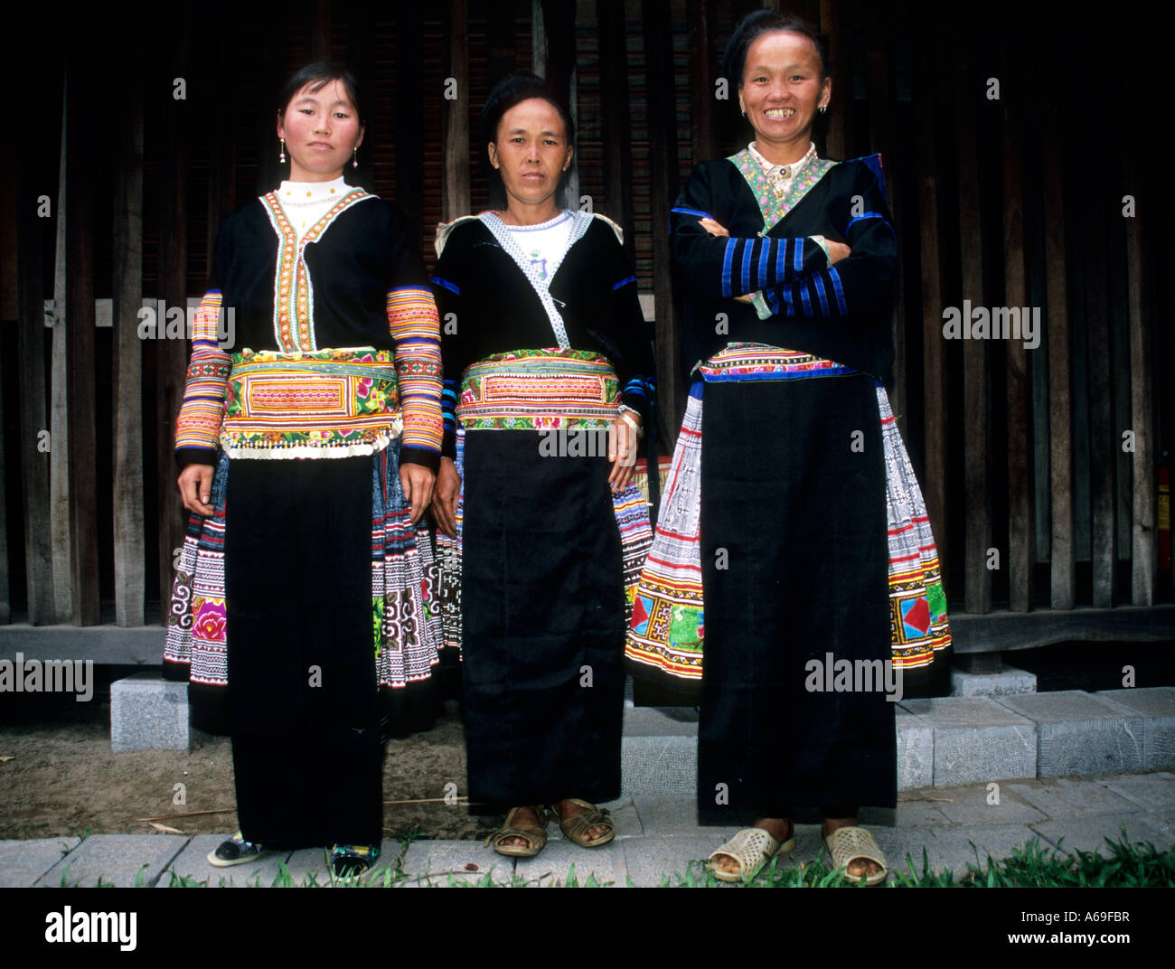 Three Hmong ladies dressed in traditional clothes. Vietnam Stock Photo