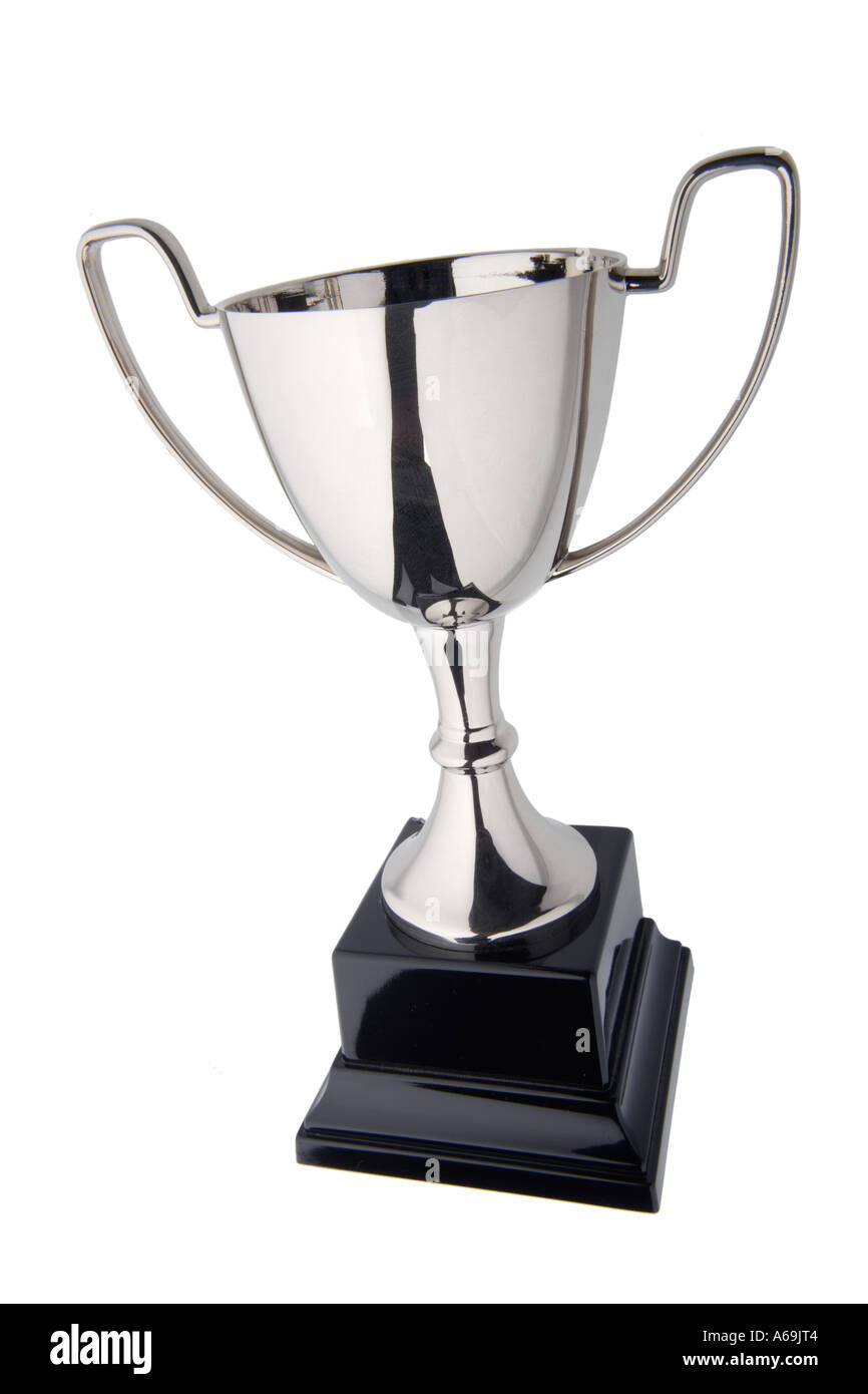 Silver cup prize trophy with handles on a black plinth Stock Photo - Alamy