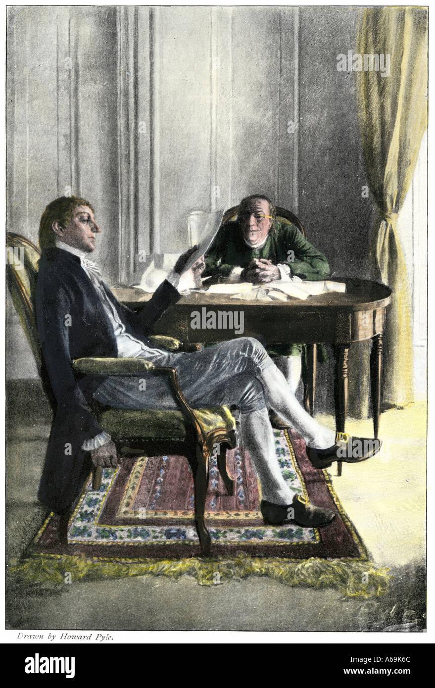Benjamin Franklin and Richard Oswald in Paris discussing the peace treaty to end the American Revolution. Hand-colored woodcut Stock Photo