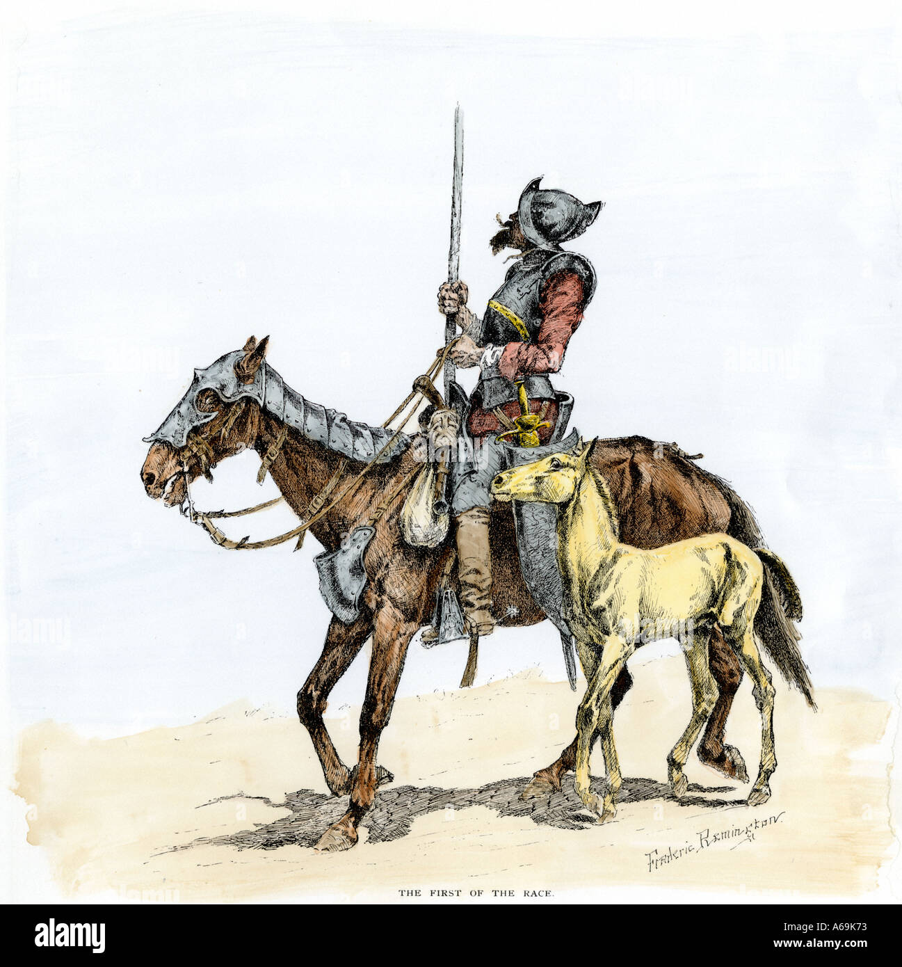 Spanish conquistador on a horse with foal origin of the horse in the New World. Hand-colored woodcut of a Frederic Remington illustration Stock Photo