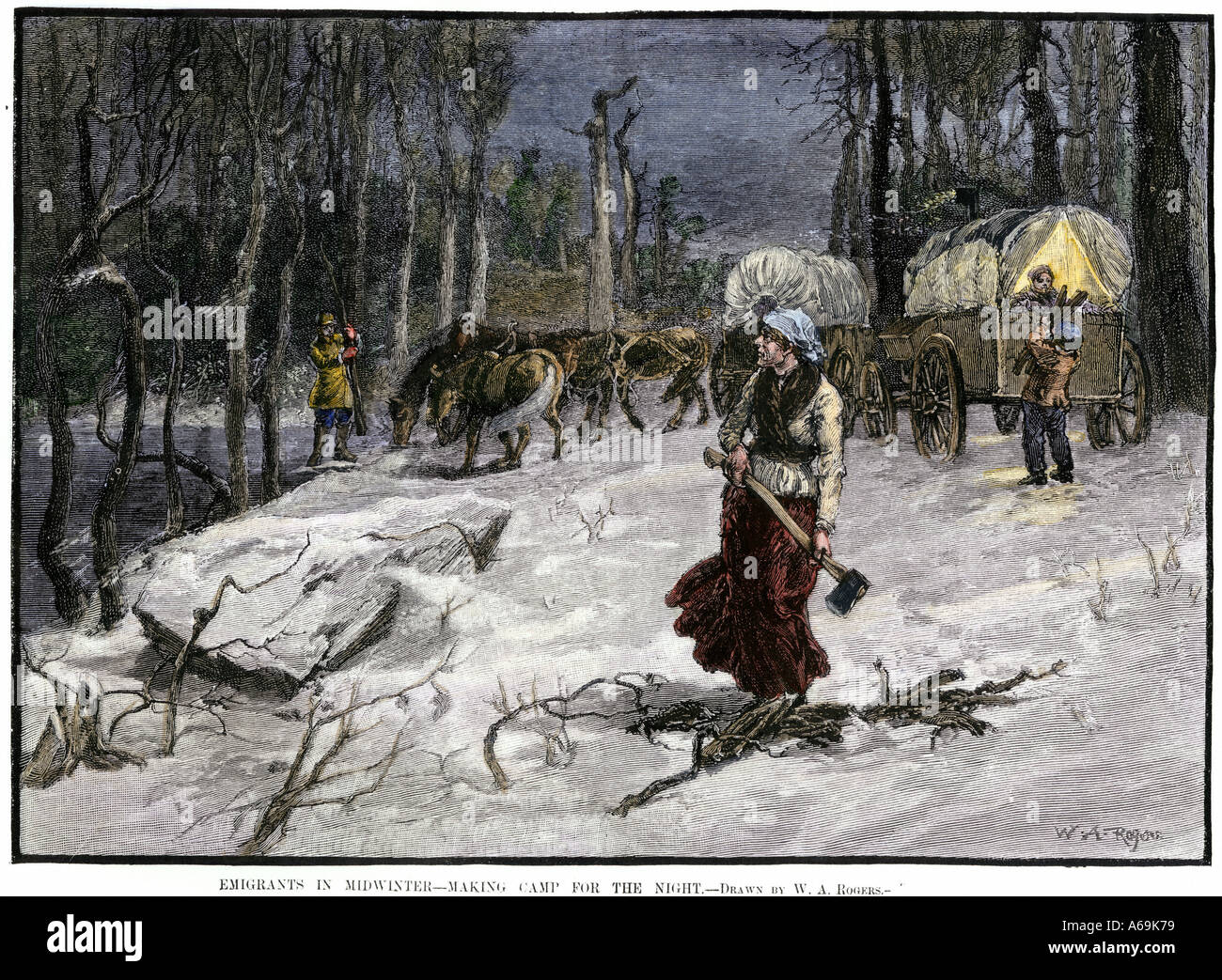 Covered wagon migrants in winter making camp for the night. Hand-colored woodcut Stock Photo