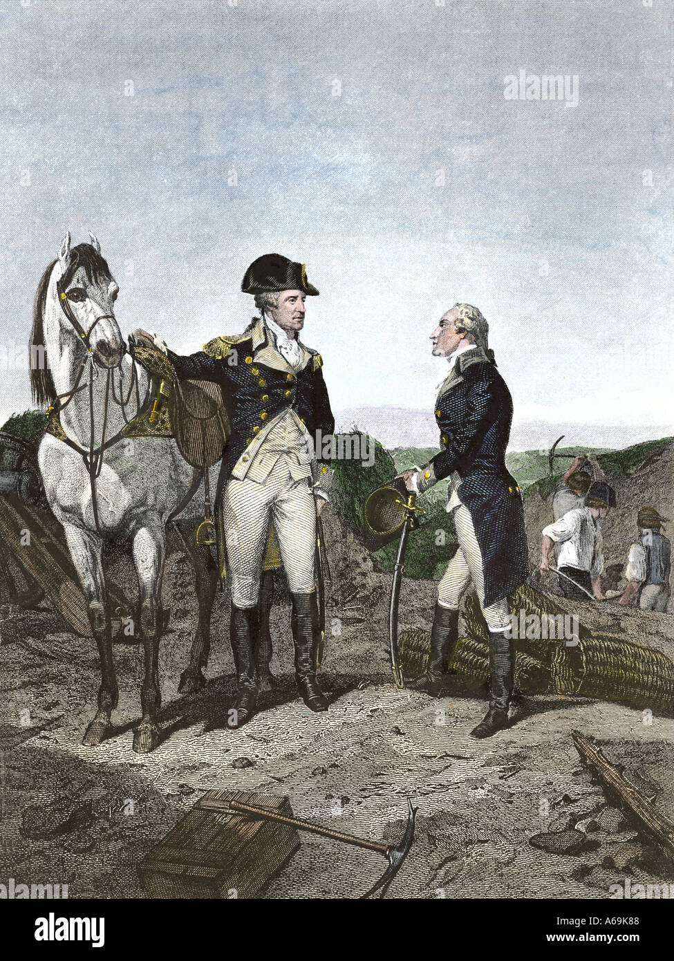 First meeting of George Washington and Alexander Hamilton American Revolution. Hand-colored steel engraving Stock Photo